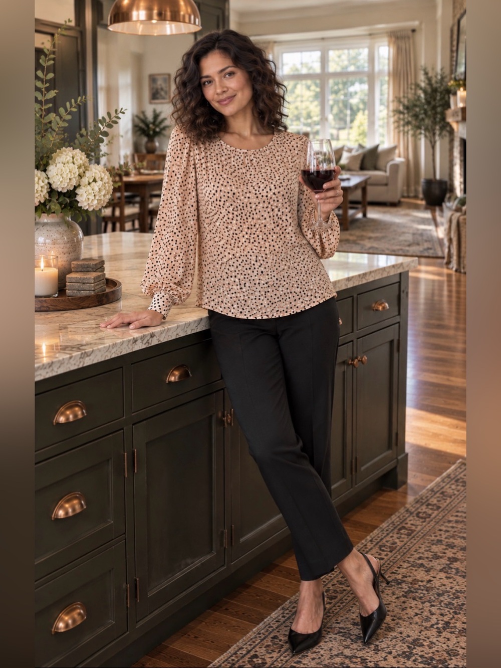 Adrianna Papell Pink Polka Dot Pleated Blouse M